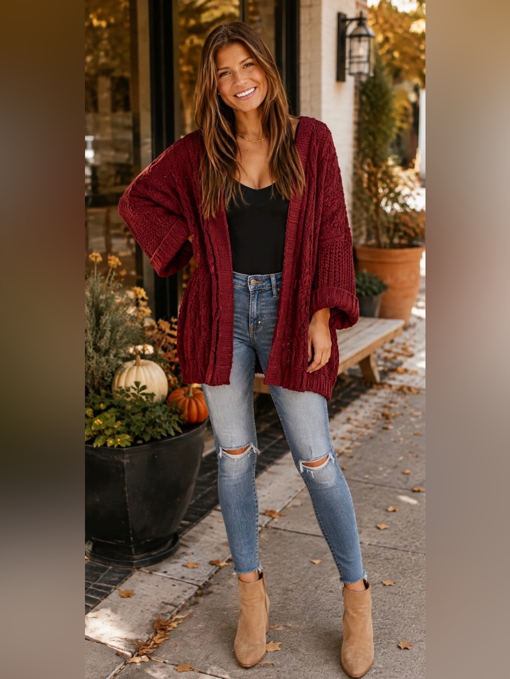 Umgee Cardigan Red Open Front Cable Knit Chenille